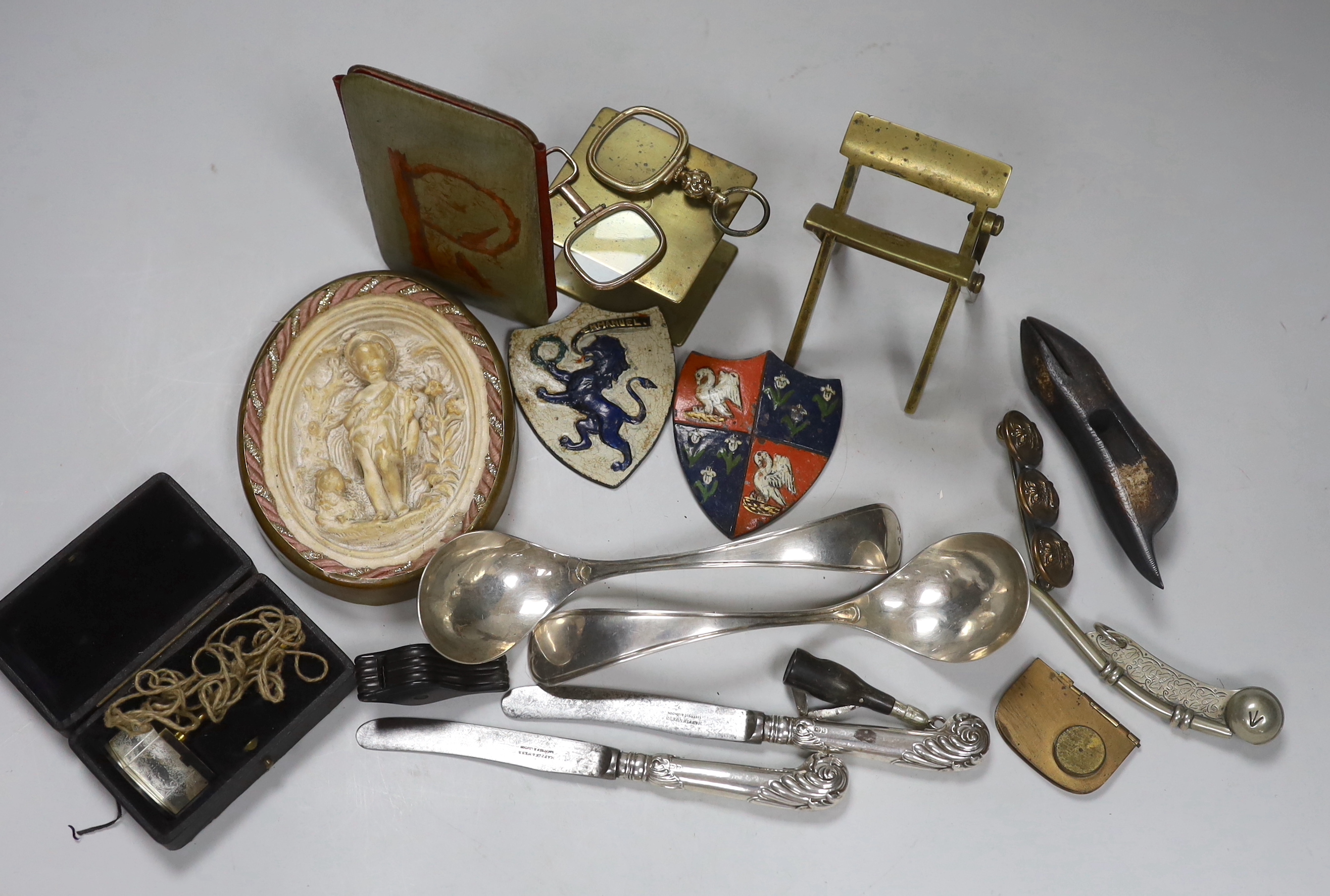 A collection of assorted collectables including a bosuns whistle, a J Baum & Co travelling sun dial/compass, small silver etc.